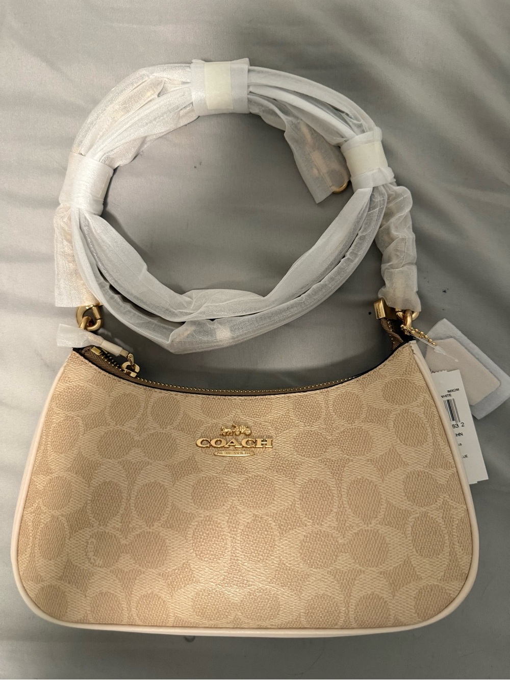 Coach Beige Signature Canvas Shoulder Bag with Gold Hardware